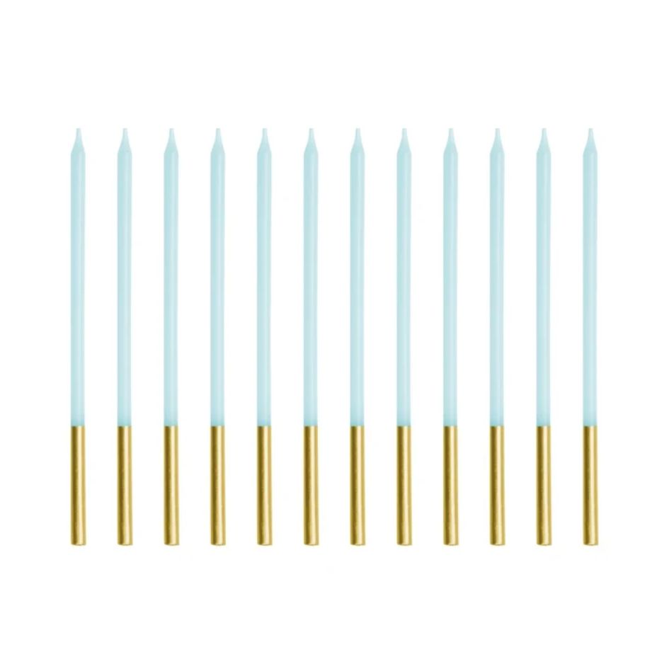 Taartkaarsen_Lichtblauw_met_Goud___12st