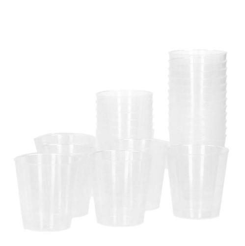 Plastic shotglaasjes, borrelglaasjes 20cc & 40cc. Budget en glashelder